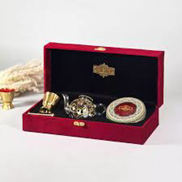 ارغوان5 جعبه کادویی مخمل با زعفران سوپر نگین اتویی 5 گرم خاتم و 10گرم هل آذین  و هاون